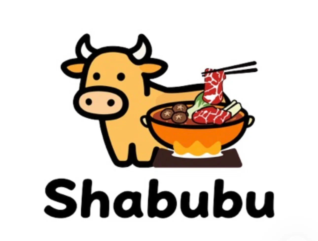 Cartoon logo for Shabubu Hot Pot: A yellow cow beside a hot pot (with beef, mushrooms) & chopsticks holding beef, below "Shabubu"